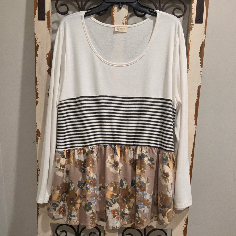 BE STAGE Women Babydoll Tunic Top 3XL Long Sleeve Stripe Floral Mixed Media Boho